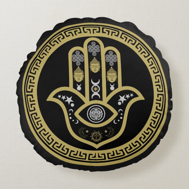 Hamsa Hand Boze Oog Bescherming Rond Kussen (Voorkant)