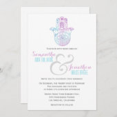 Hamsa Hand bruiloft Paarse en Blauwe Uitnodiging (Voorkant / Achterkant)