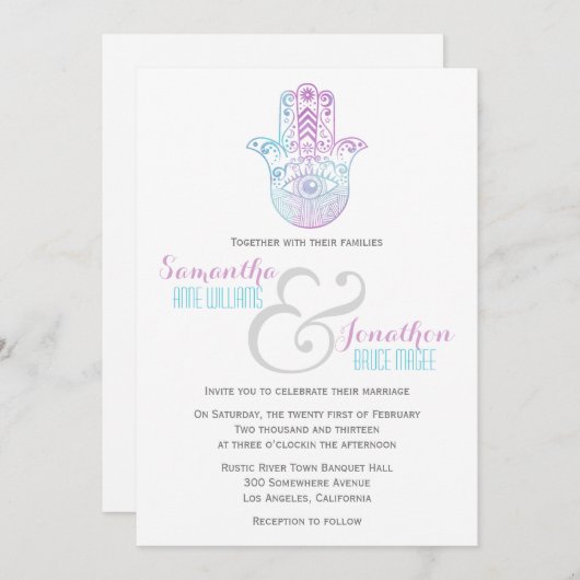 Hamsa Hand bruiloft Paarse en Blauwe Uitnodiging (Voorkant / Achterkant)