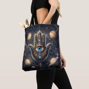 Hamsa-hand en boze oog kosmische bescherming van d tote bag