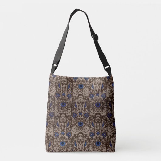 Hamsa Hand, gepyrografeerd, met kleur op hout Crossbody Tas (Achterkant)
