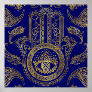 Hamsa Hand - goud op lapis lazuli Poster