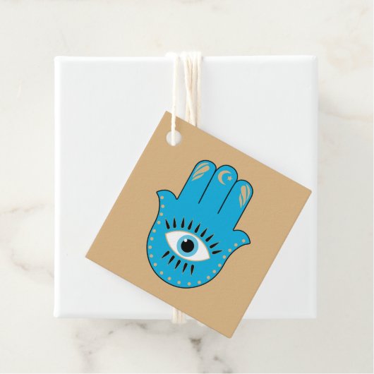 Hamsa Hand Grieks Evil Eye Blauw Bedankjes Labels (In situ)
