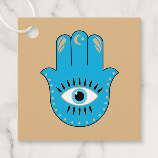 Hamsa Hand Grieks Evil Eye Blauw Bedankjes Labels (Voorkant)