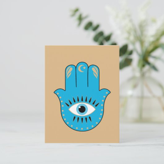 Hamsa Hand Grieks Evil Eye Blauw Briefkaart (Staand voorkant)