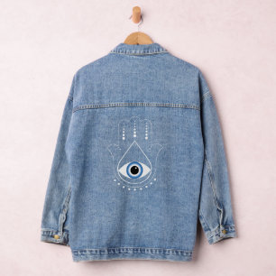 Hamsa Hand Grieks Evil Eye Blauw Denim Jacket