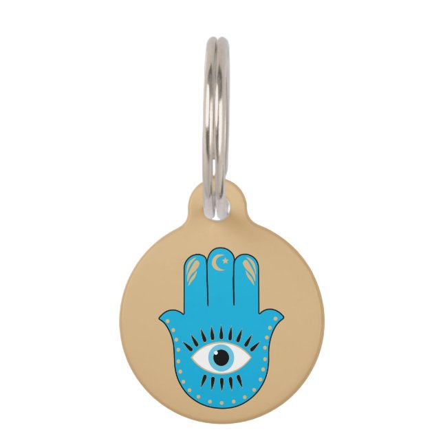 Hamsa Hand Grieks Evil Eye Blauw Huisdierpenning (Voorkant)