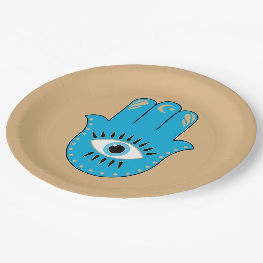 Hamsa Hand Grieks Evil Eye Blauw Papieren Bordje (Gekanteld)