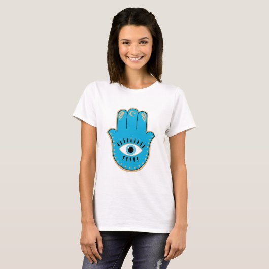 Hamsa Hand Grieks Evil Eye Blauw T-shirt (Voorkant volledig)