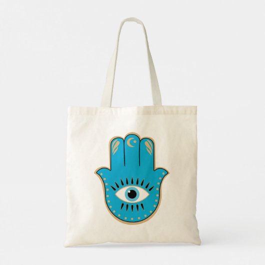 Hamsa Hand Grieks Evil Eye Blauw Tote Bag (Achterkant)