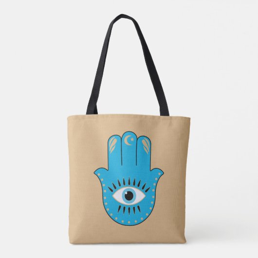 Hamsa Hand Grieks Evil Eye Blauw Tote Bag (Achterkant)