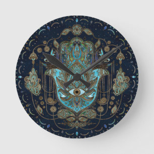 Hamsa hand-hand van Fatima Blue Gemstenen Ronde Klok