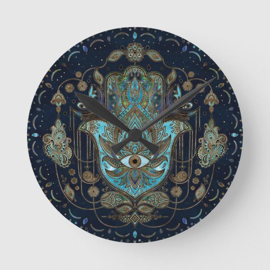 Hamsa hand-hand van Fatima Blue Gemstenen Ronde Klok (Voorkant)