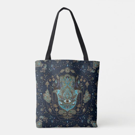 Hamsa hand-hand van Fatima Blue Gemstenen Tote Bag (Achterkant)