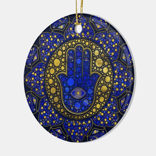 Hamsa hand-hand van Fatima Dot Art Lapis Lazuli Keramisch Ornament (Links)