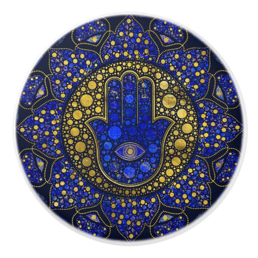 Hamsa hand-hand van Fatima Dot Art Lapis Lazuli Keramische Knop (Voorkant)