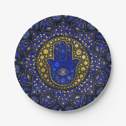 Hamsa hand-hand van Fatima Dot Art Lapis Lazuli Papieren Bordje (Voorkant)