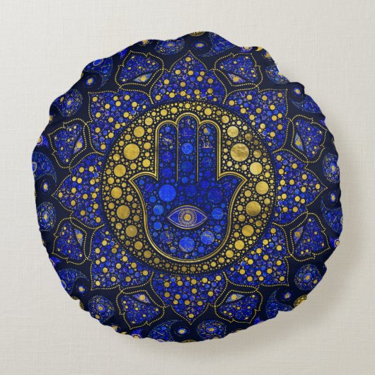 Hamsa hand-hand van Fatima Dot Art Lapis Lazuli Rond Kussen (Achterkant)