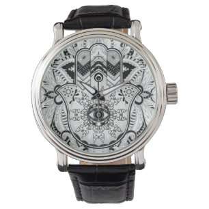 Hamsa hand-hand van Fatima grayscale Horloge
