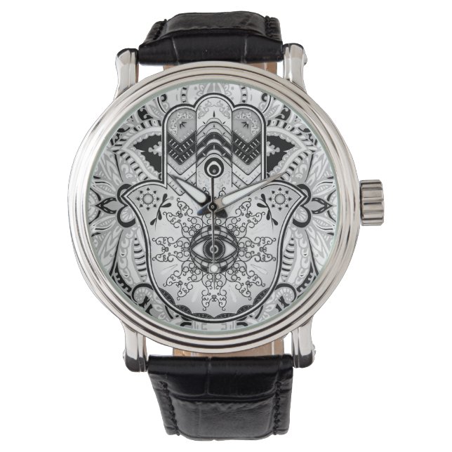 Hamsa hand-hand van Fatima grayscale Horloge (Voorkant)
