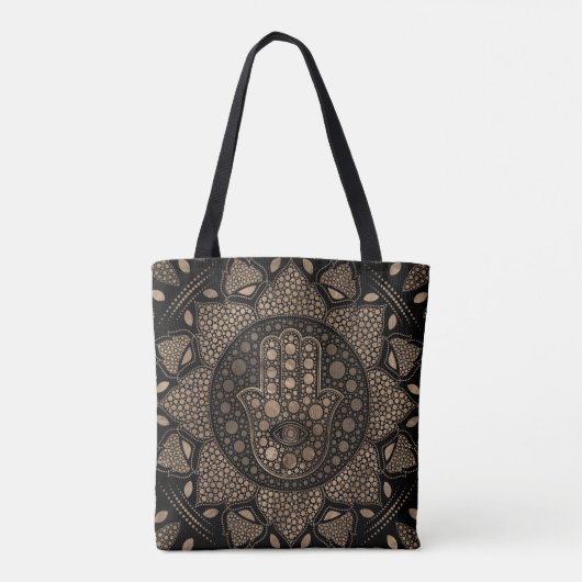 Hamsa Hand-Hand van Fatima in Lotus mandala Tote Bag (Achterkant)