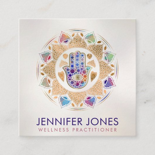 Hamsa Hand-Hand van Fatima in Lotus mandala Vierkante Visitekaartje (Voorkant)