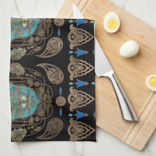 Hamsa Hand-Hand van Fatima Ornament Theedoek (Quarter Fold)