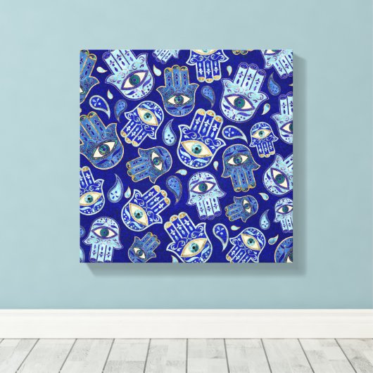 Hamsa hand - hand van het Fatimapatroon Blauwe min Canvas Afdruk (Insitu (Houten vloer))