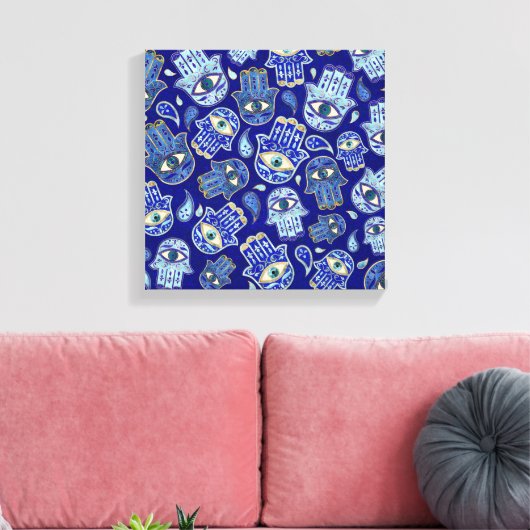 Hamsa hand - hand van het Fatimapatroon Blauwe min Canvas Afdruk (Insitu (Woonkamer))