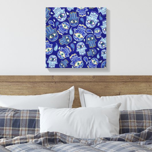 Hamsa hand - hand van het Fatimapatroon Blauwe min Canvas Afdruk (Insitu (Slaapkamer))