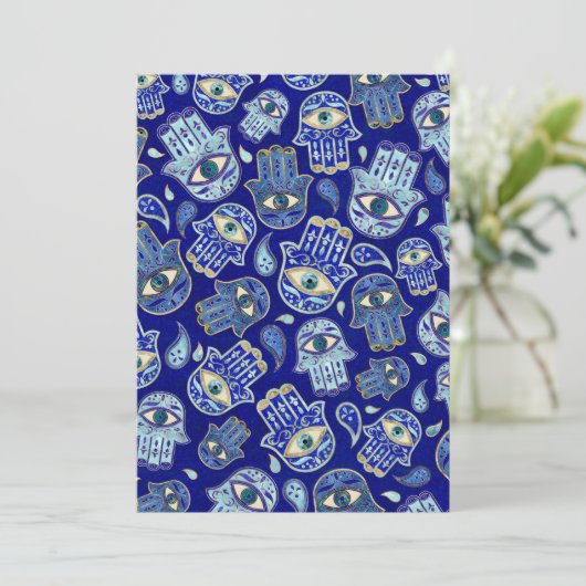 Hamsa hand - hand van het Fatimapatroon Blauwe min Feestdagenkaart (Staand voorkant)