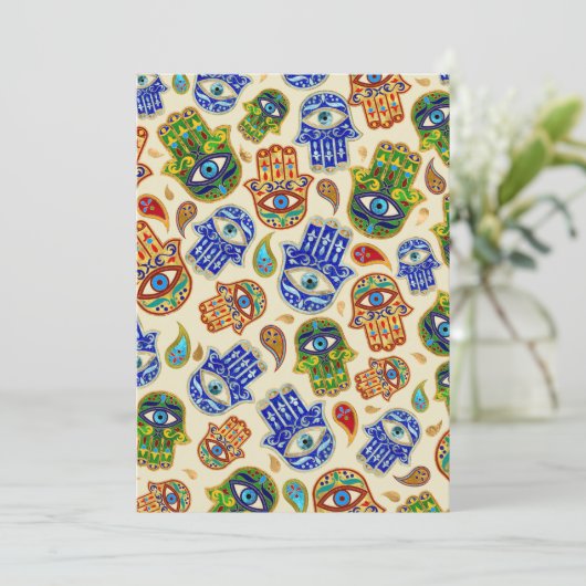 Hamsa hand - hand van het kleurrijke patroon van F Feestdagenkaart (Staand voorkant)