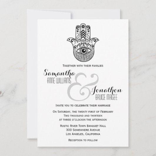 Hamsa Hand Huwelijk Zwart-wit Uitnodiging (Voorkant)