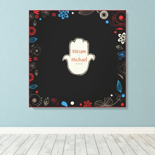 HAMSA HAND Jewish Wedding Sign-In Memory Board Canvas Afdruk (Insitu (Houten vloer))