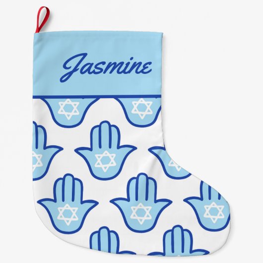 Hamsa Hand Joodse ster Blauw Chanoeka kous Grote Kerstsok (Voorkant)