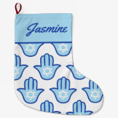 Hamsa Hand Joodse ster Blauw Chanoeka kous Grote Kerstsok (Voorkant)