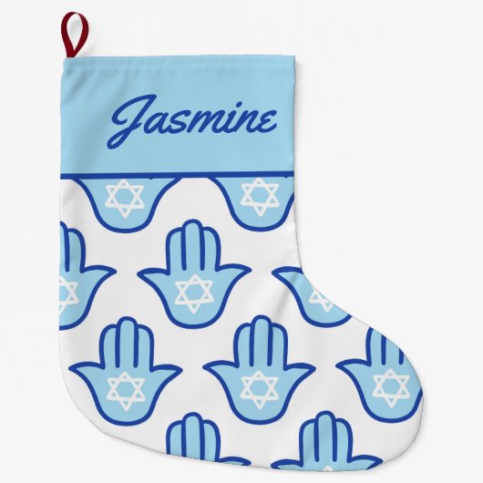 Hamsa Hand Joodse ster Blauw Chanoeka kous Grote Kerstsok (Voorkant)
