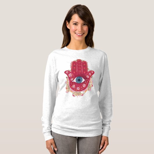 Hamsa Hand_Magenta_Cream Tshirt (Voorkant volledig)