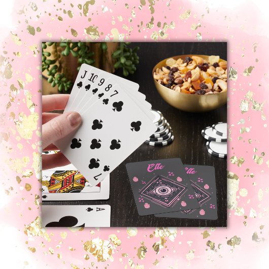 Hamsa Hand met Evil Eye en Hearts Pink op grijs Pokerkaarten