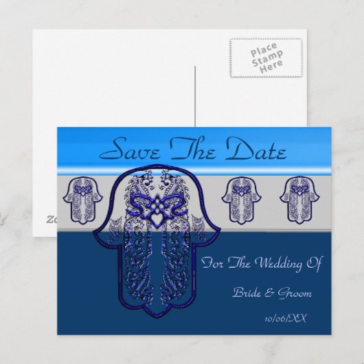 Hamsa Hand met: Hart (Bruiloft) (Blauw) Aankondigingskaart (Voorkant / Achterkant)