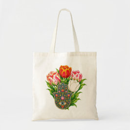 Hamsa Hand met Kleurrijke Tulpen & Boze Oog Bloeme Tote Bag