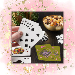 Hamsa Hand met kwaad oog en harten roze op olijf Pokerkaarten