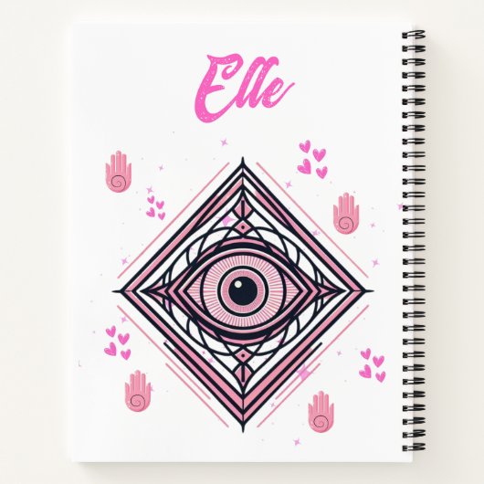 Hamsa Hand met Kwaad Oog en Harten Roze op wit Notitieboek (Achterkant)