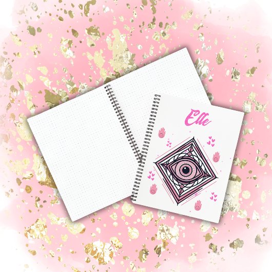 Hamsa Hand met Kwaad Oog en Harten Roze op wit Notitieboek