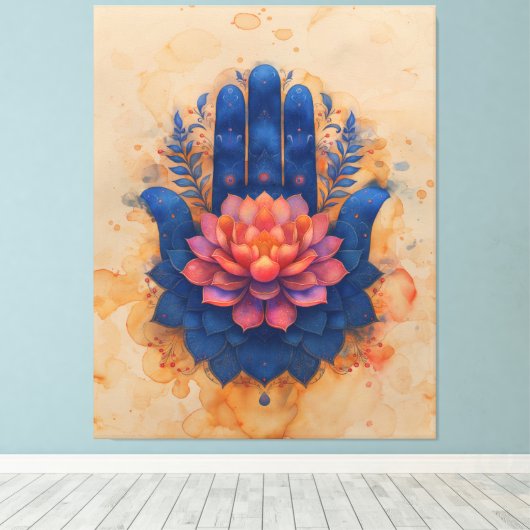 Hamsa Hand met Lotus Flower Canvas Afdruk (Insitu (Houten vloer))
