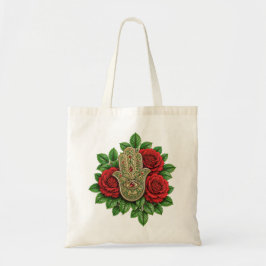 Hamsa Hand met Rode Rozen Robijn Boze Oog Bloemig Tote Bag