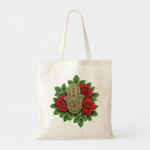 Hamsa Hand met Rode Rozen Robijn Boze Oog Bloemig Tote Bag