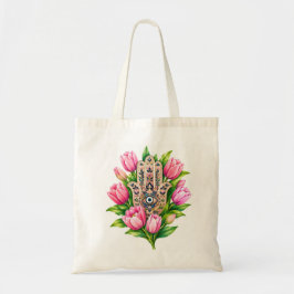 Hamsa Hand met Roze Tulpen & Boze Oog Bloemschilde Tote Bag