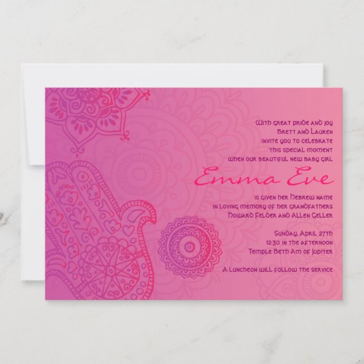 HAMSA HAND Paars Pink Baby Naming Invitation Kaart (Voorkant)