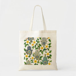 Hamsa Hand & Plumeria Bloemen Boze Oog Botanisch Tote Bag